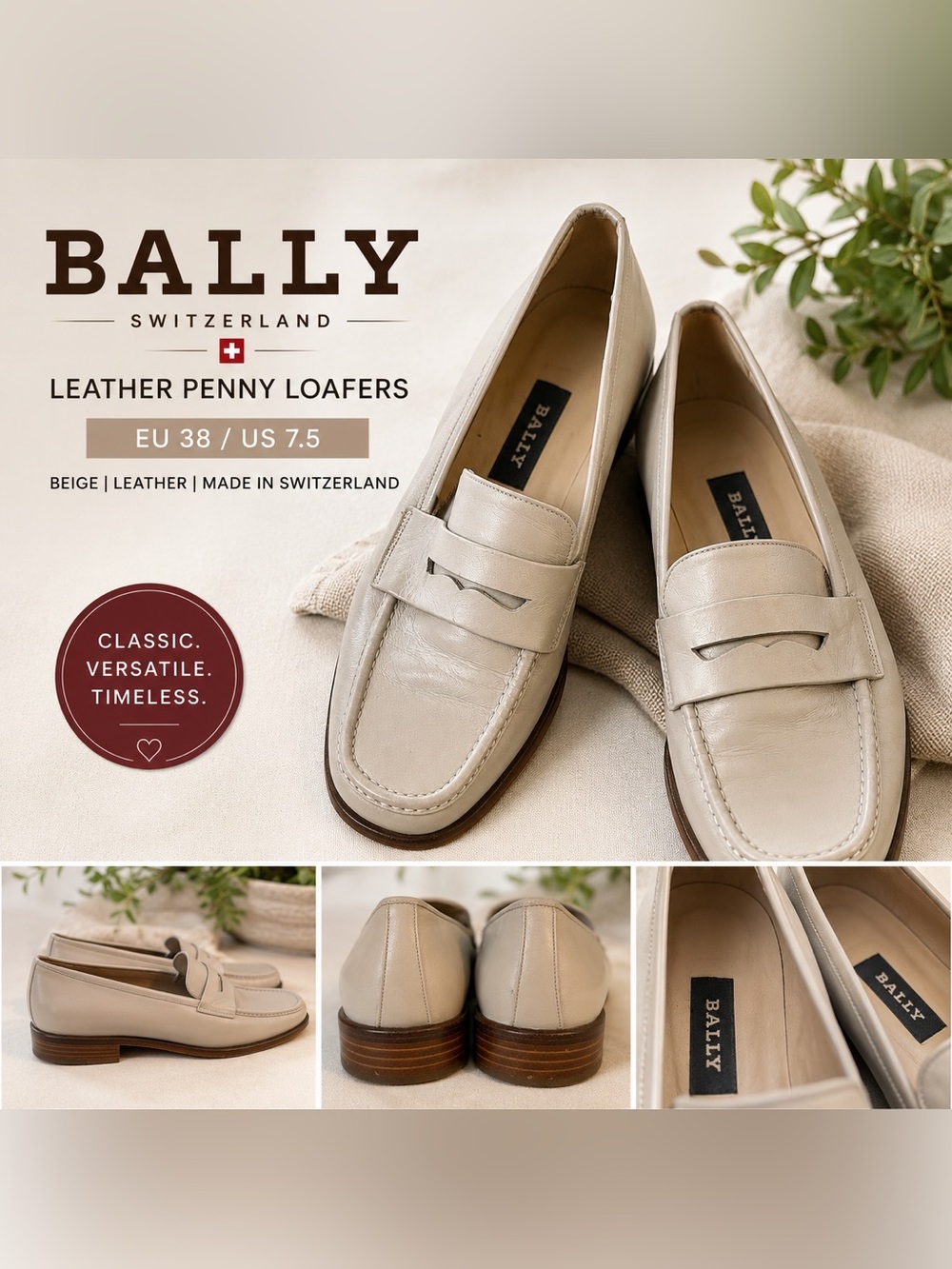 Bally Luxury Vintage Beige Leather Penny Loafers Sz 38 or 7.5